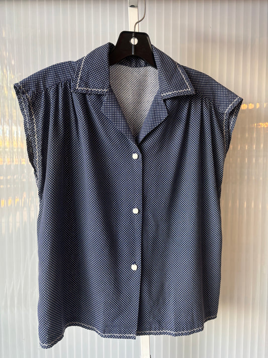 1970s Navy & White Polka Dot Apple Button-Up Blouse