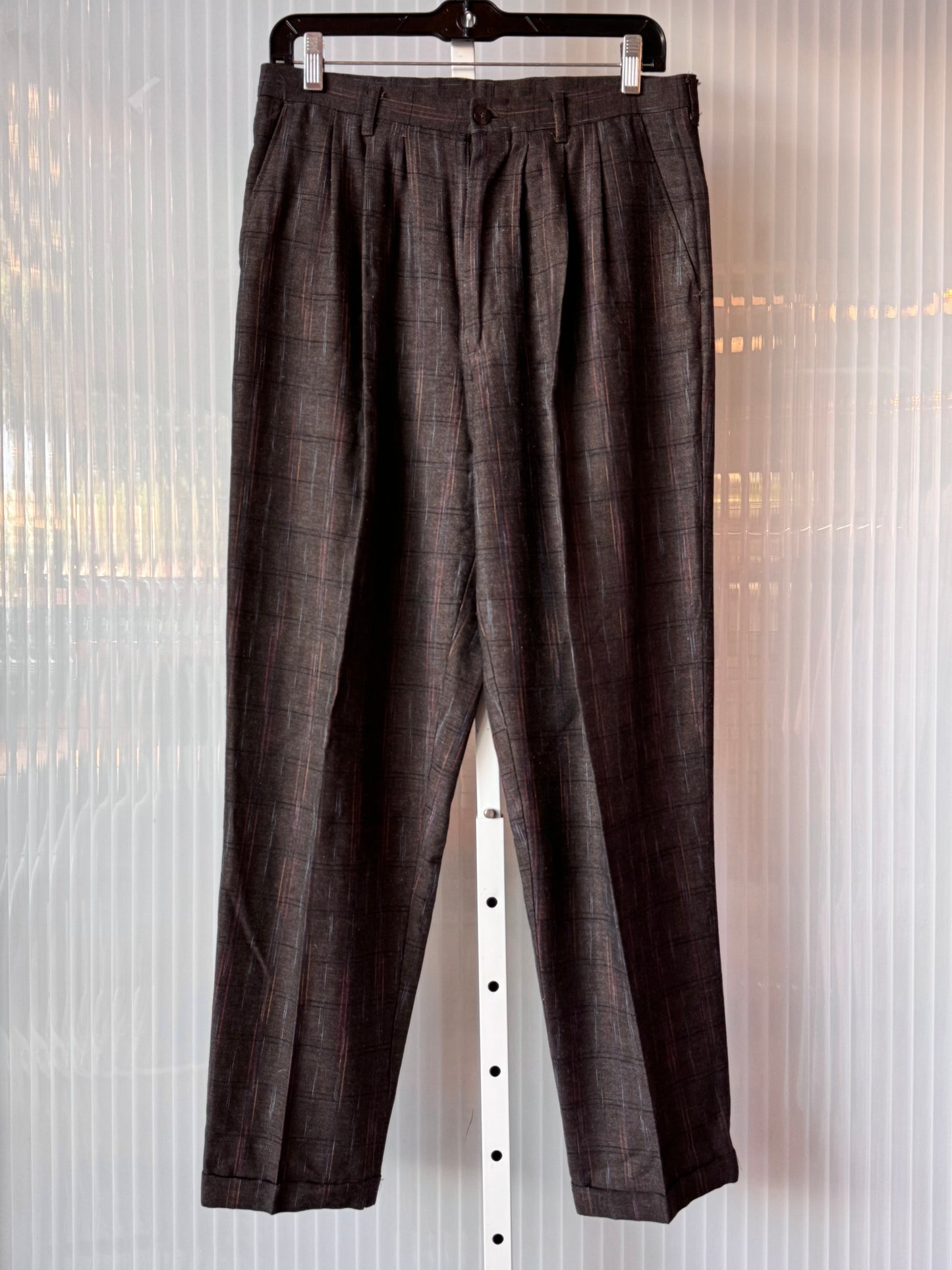 1980s Gray Pleated Trousers w/ Multicolor Thread Stripes