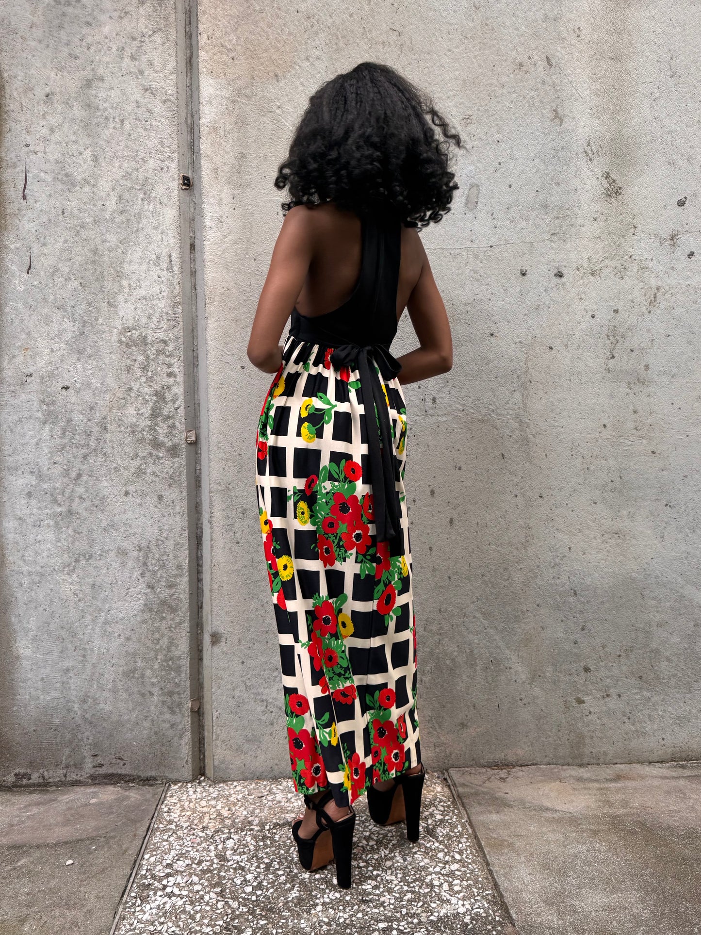 1970s Black Red & Green Floral Halter-Like Dress
