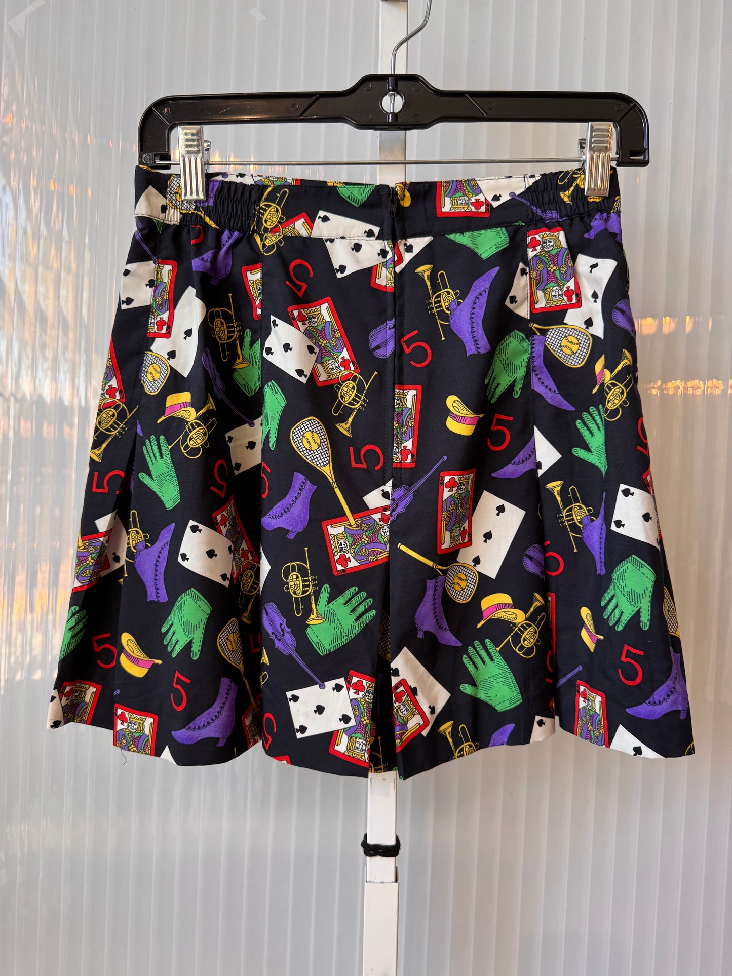 1980s Black Marti Gras Multicolor Print Pleated Skirt