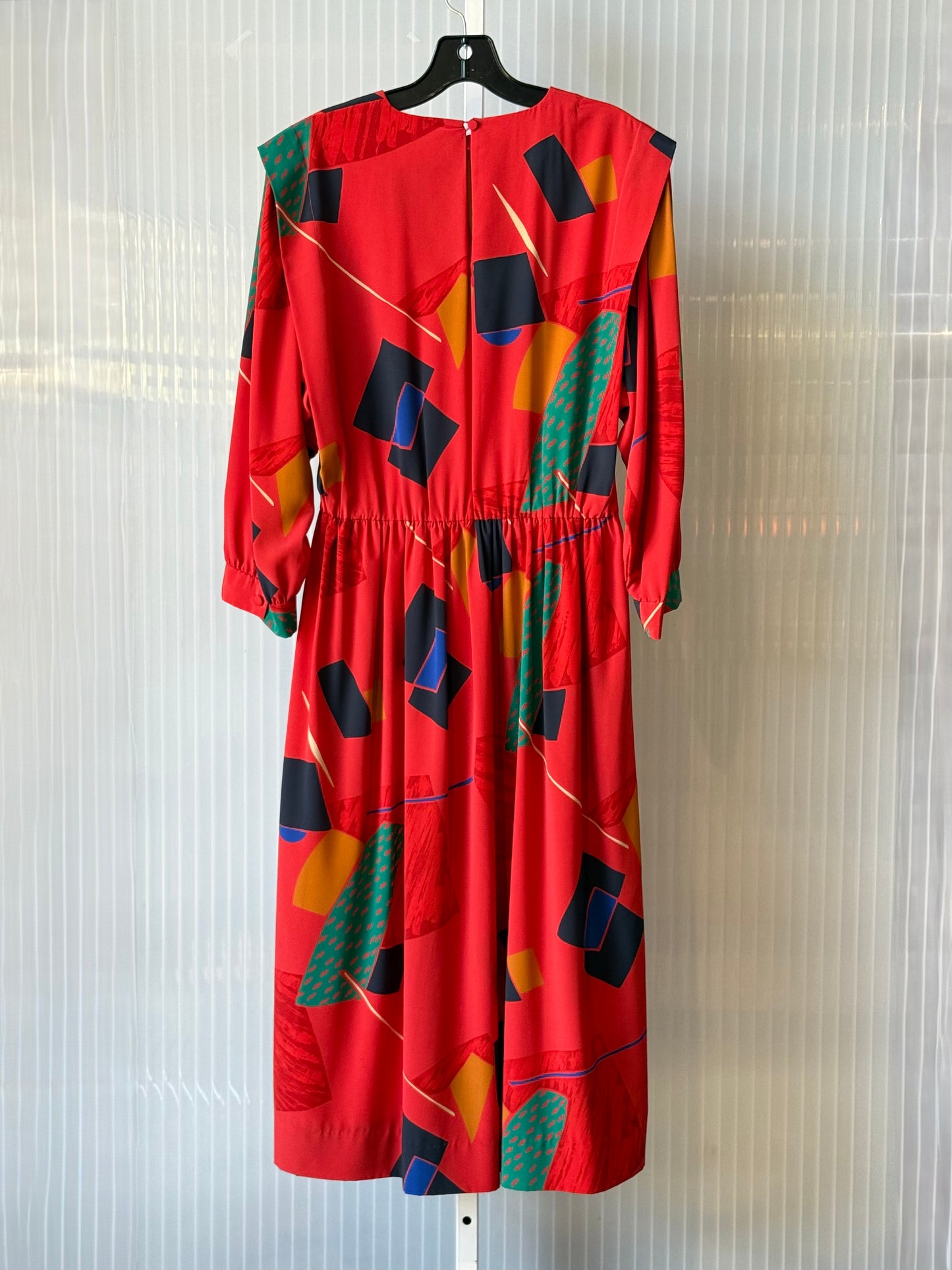 1980s Long-Sleeve Red Dress w/ Multicolor Geometric Pattern