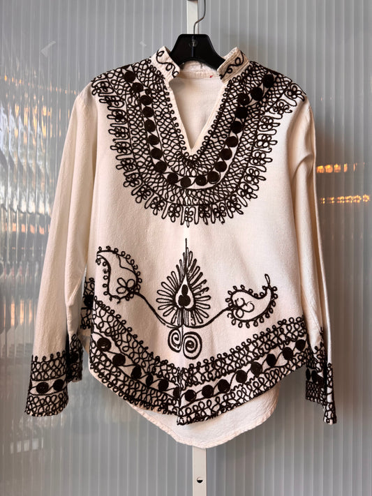 1970s White Linen Boho Blouse w/ Brown Embroidery