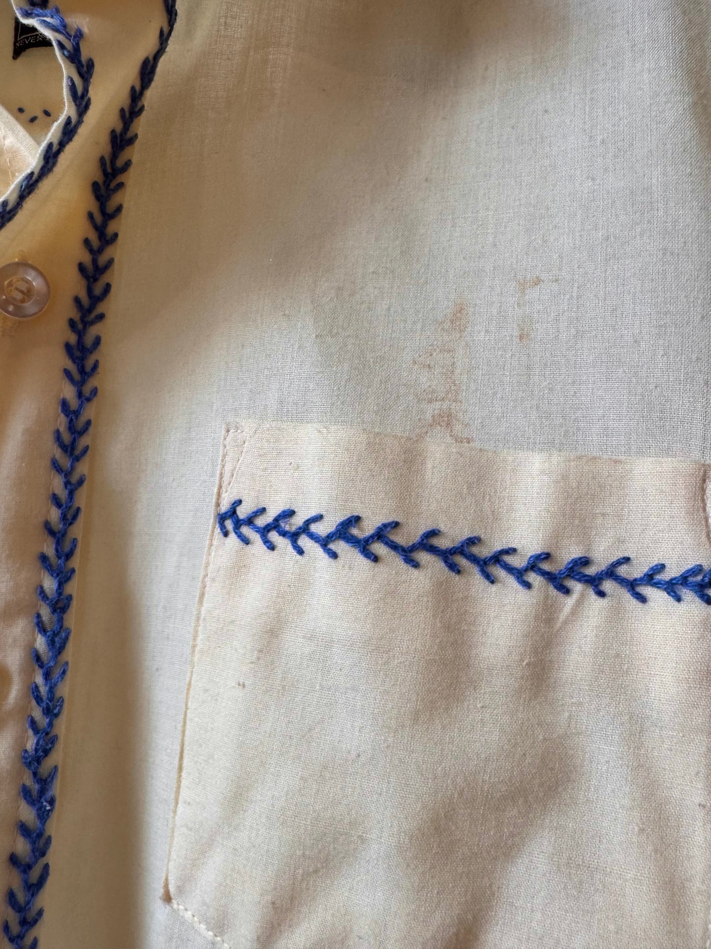 1970s Children's Cream Button-Up Shirt with Blue Fishbone Stitch
