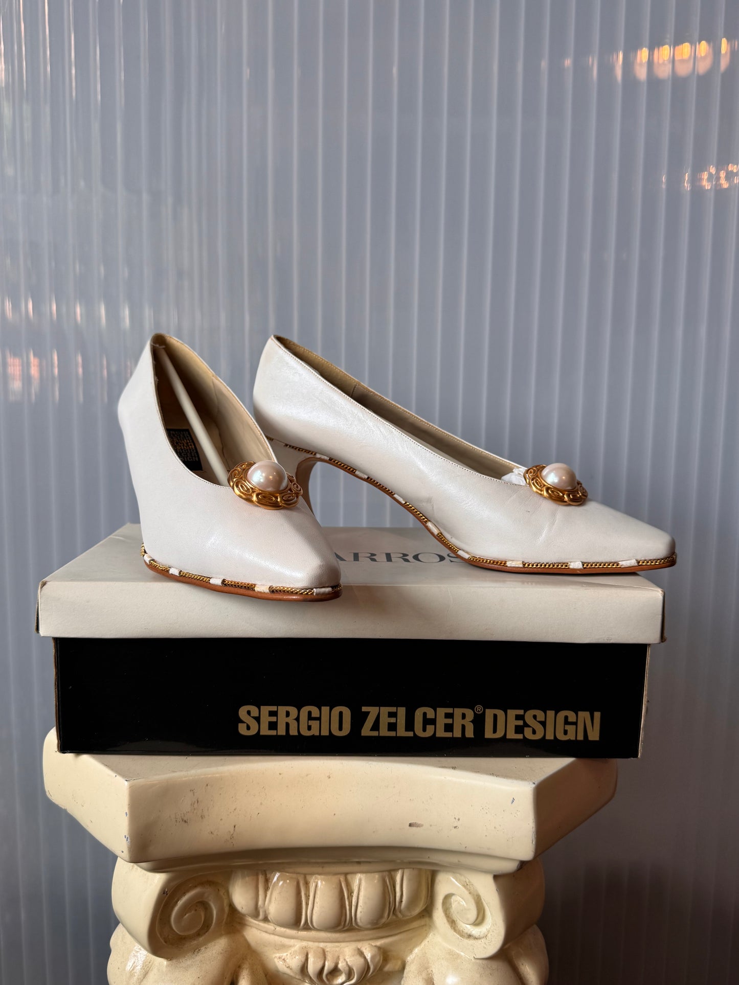 1980s White Leather Heels with Gold Shoe Clips