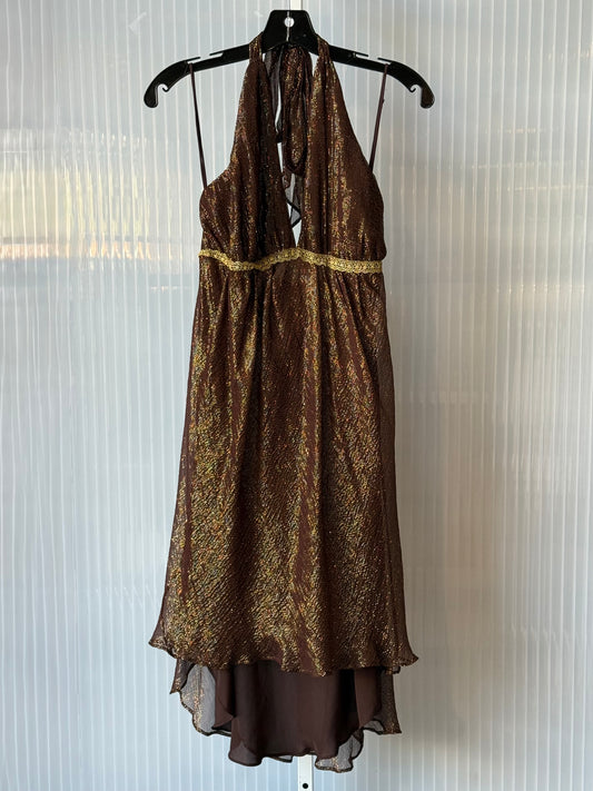 2000s Nicole Miller Brown and Gold Sparkly Halter Dress