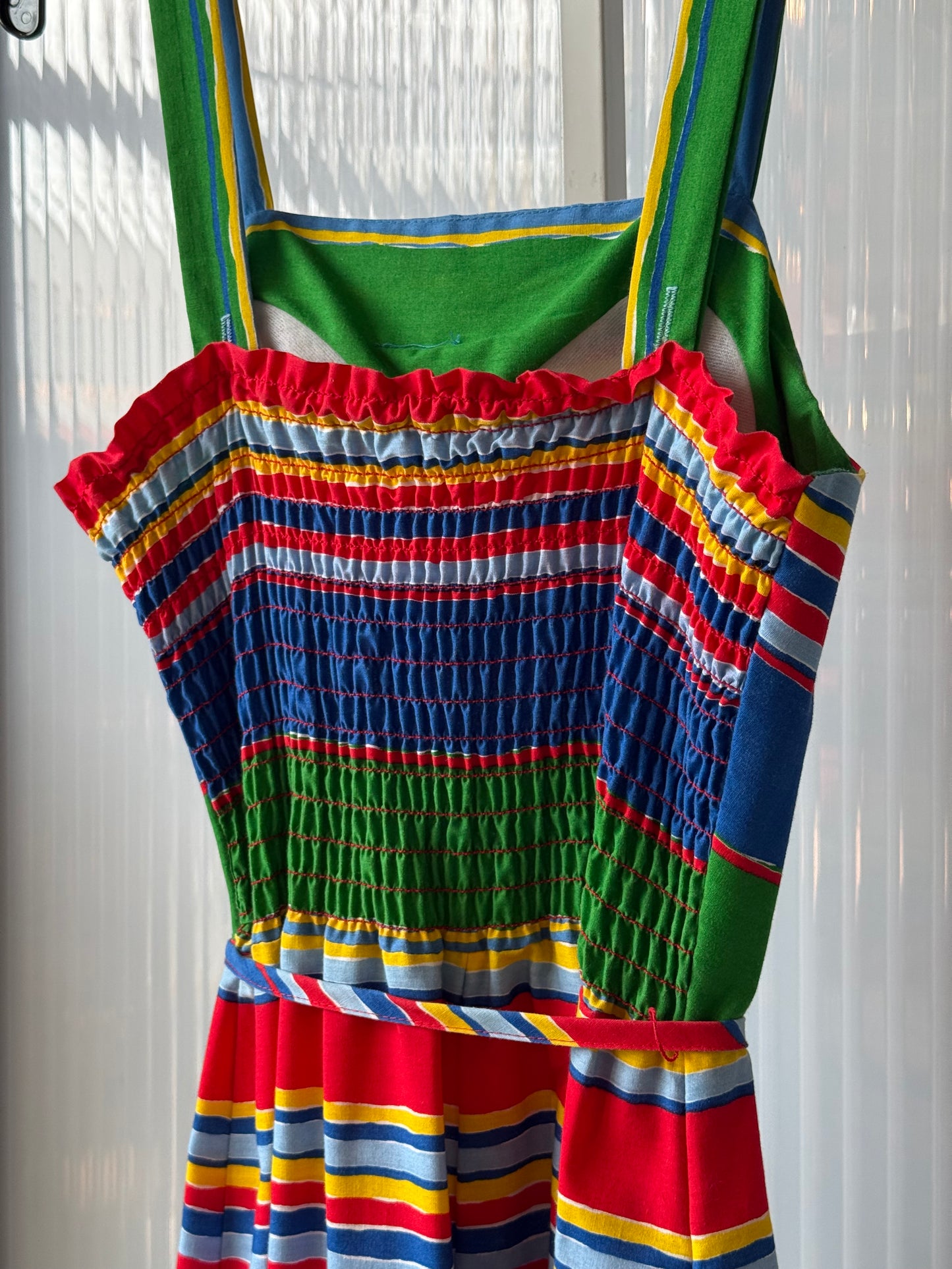 1970s Rainbow Striped Sleeveless Smocked Dress