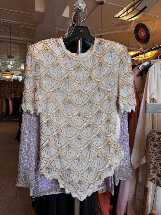 1980s NWT Cream & Gold Beaded Blouse