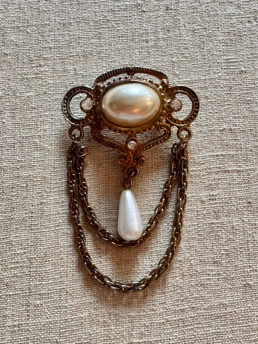 Gold Pearl and Rhinestone Edwardian Brooch