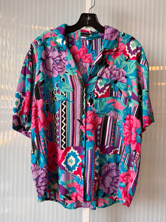 1980s Purple & Teal Floral Geometric Button-Up Shirt