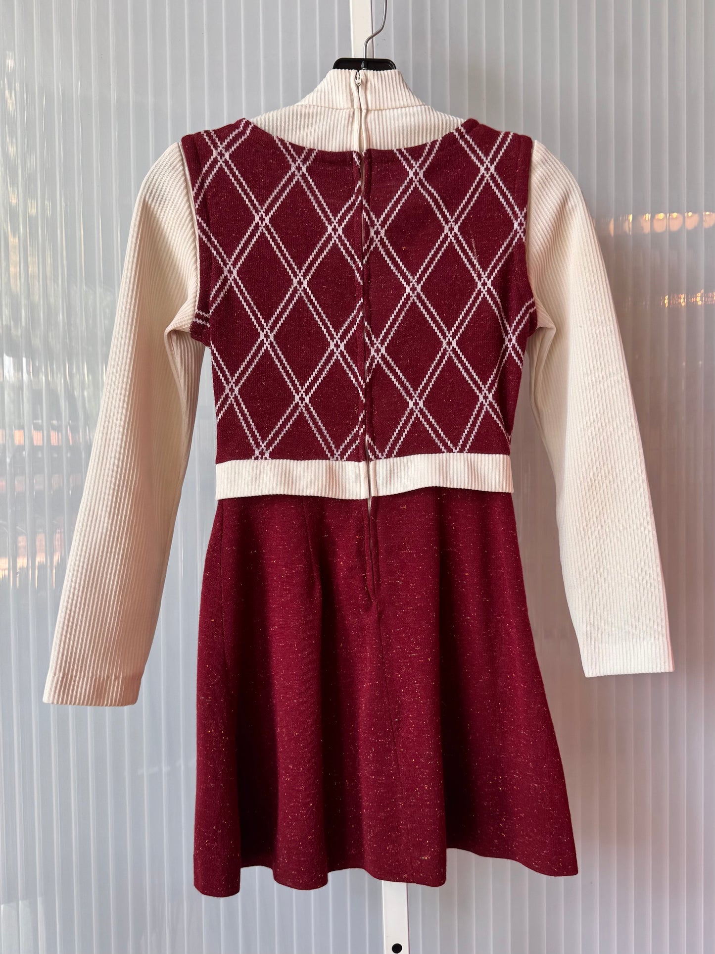 1970s Burgundy & White Polyknit Long-sleeved Kid's Turtleneck Dress