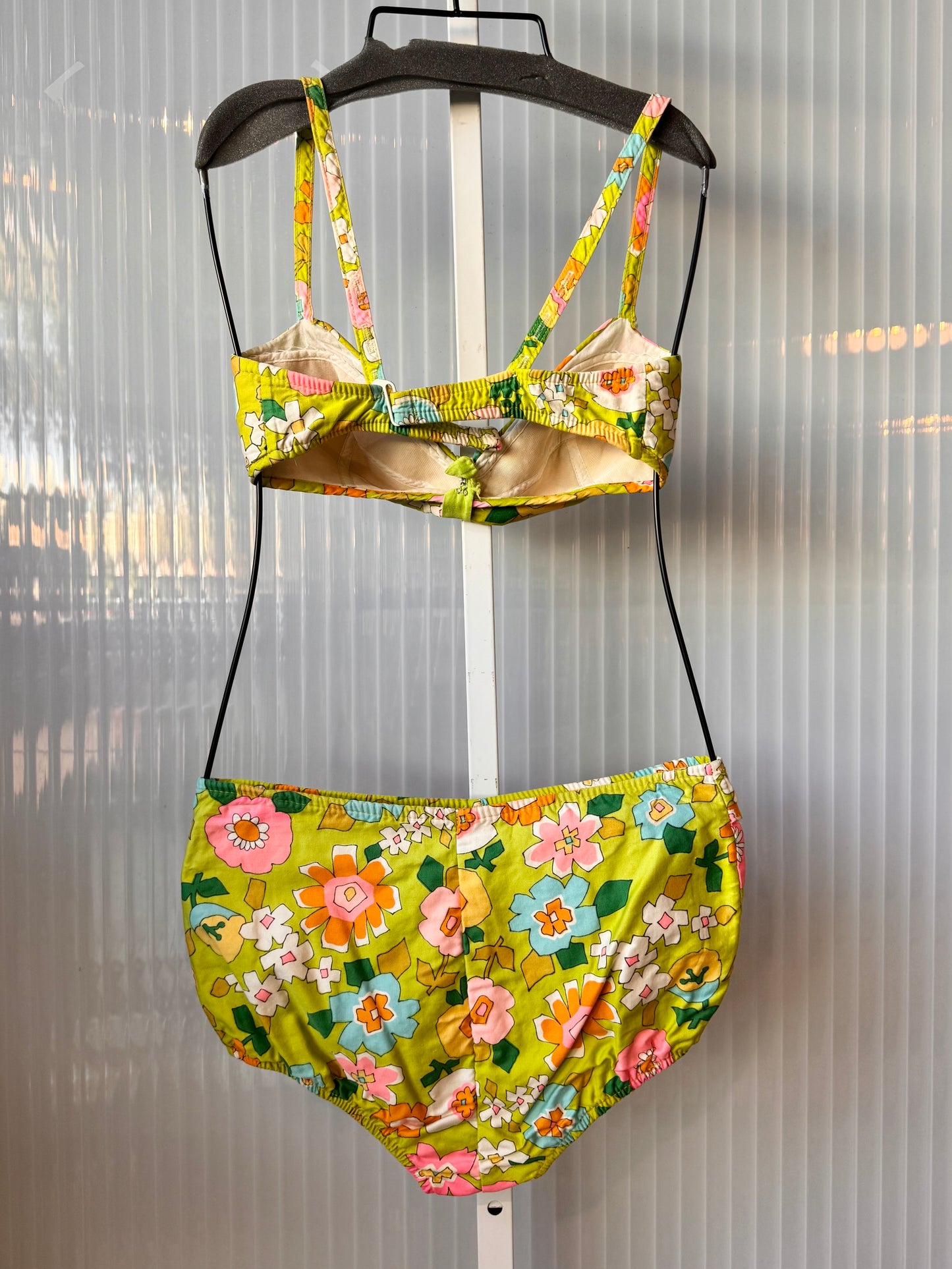 1960s Green Bikini Set w/ Mod Geometric Floral Print