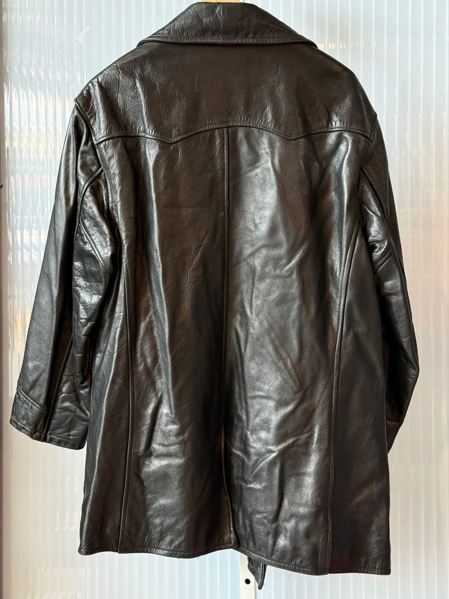 1990s Black Double Breasted Leather Jacket w/ Nautical Buttons