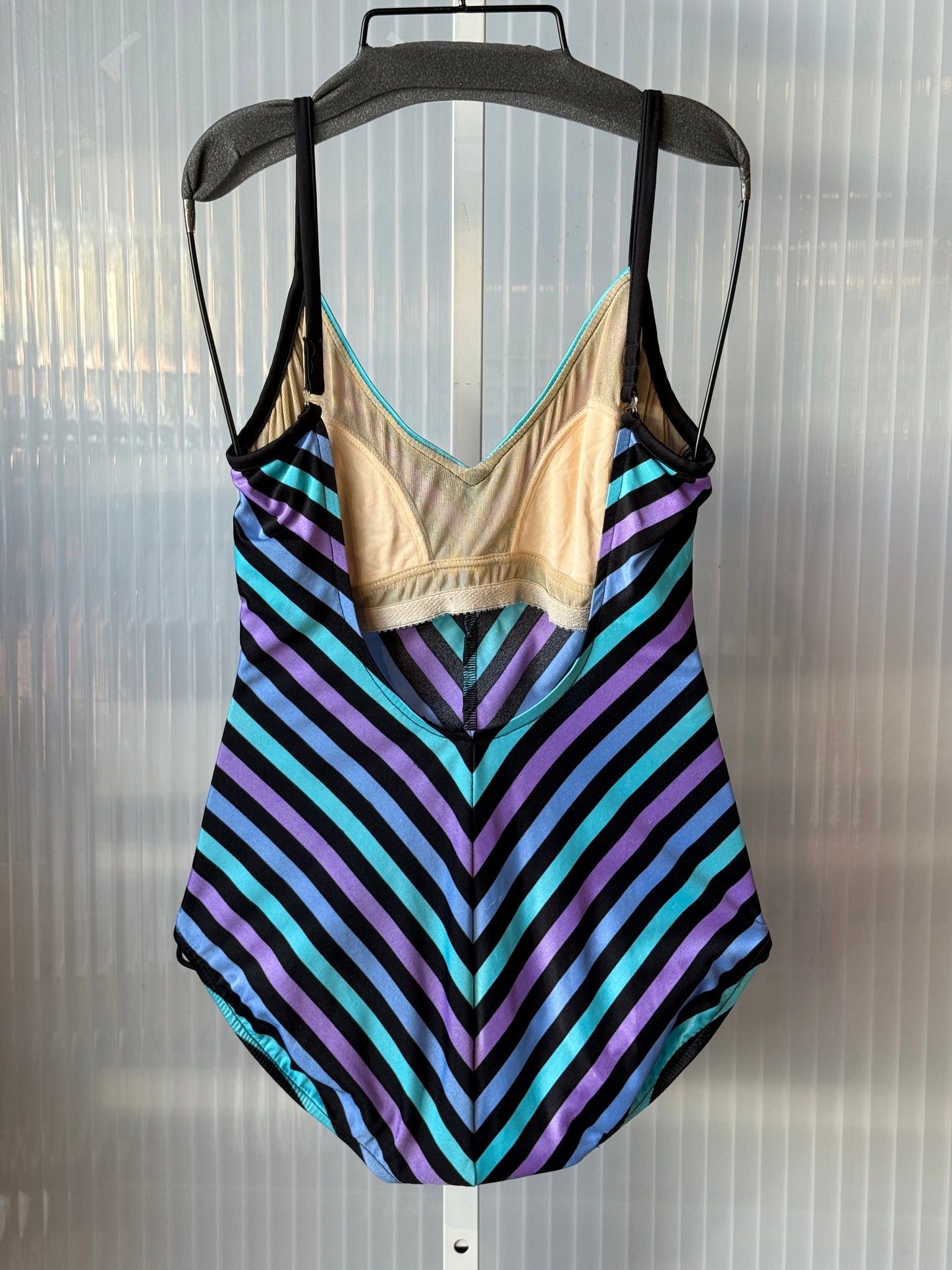 1980s Black, Blue, & Purple Striped One-Piece Swimsuit