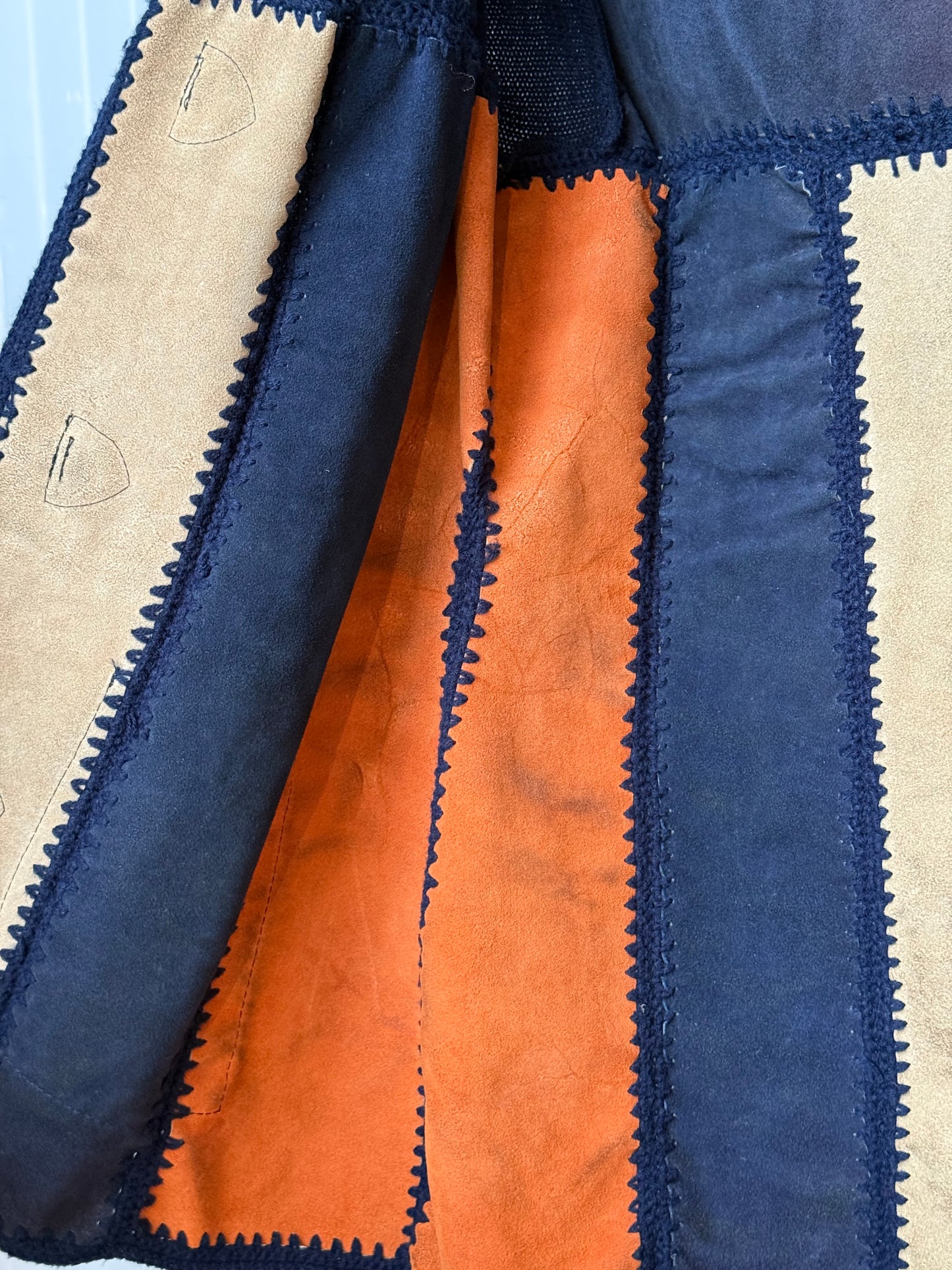 1970s Blue & Orange Suede Coat w/ Knitted Hood & Sleeves