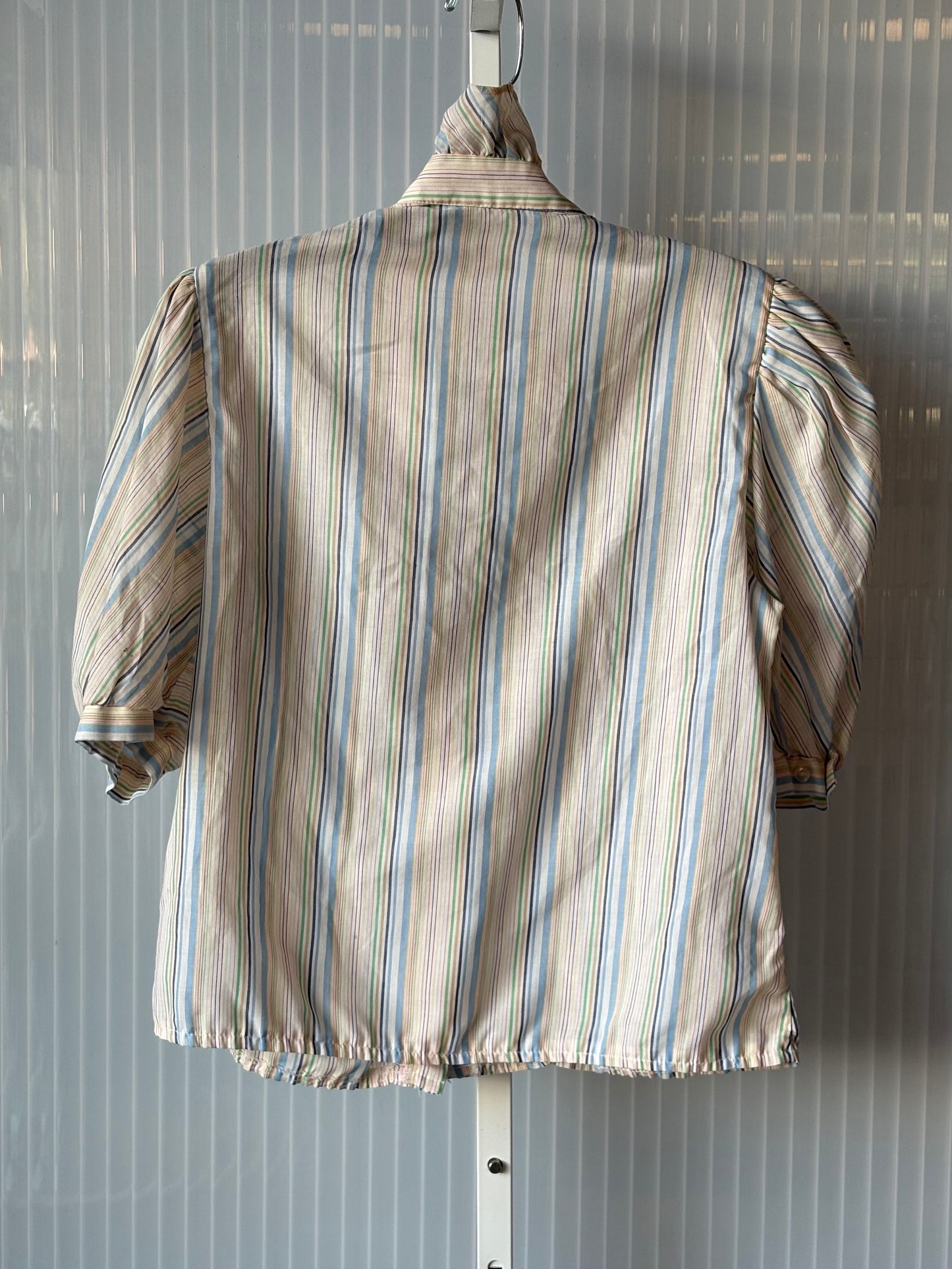 1970s Cream & Blue Striped Frilly Blouse