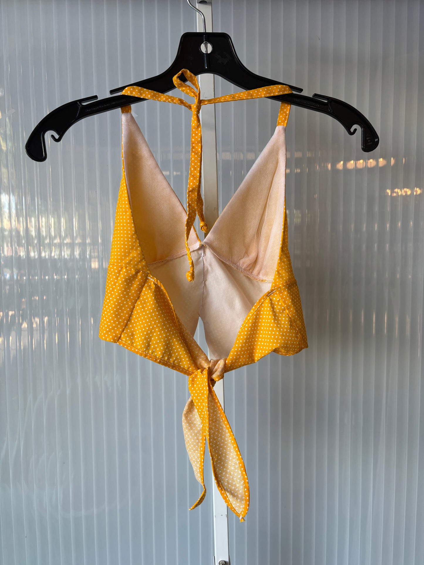 1970s Bright Yellow & White Polka Dot Halter Top