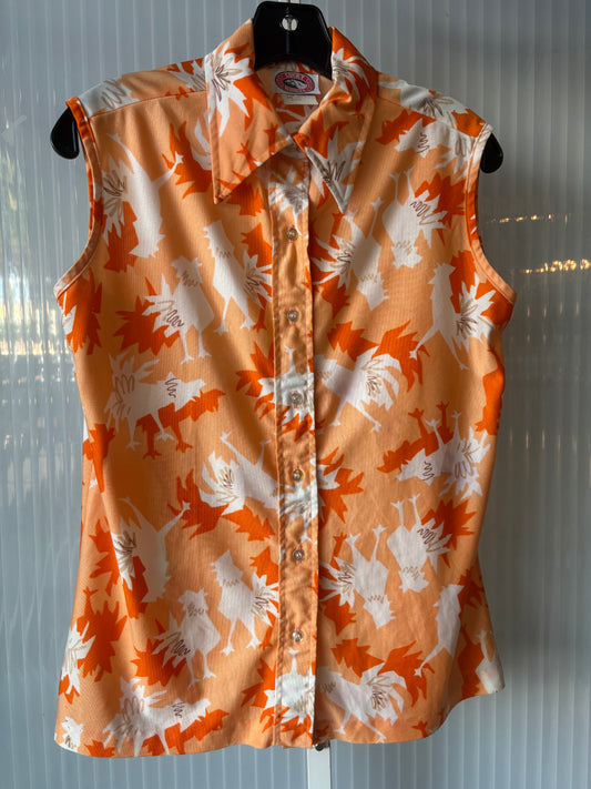1970s Peach & Orange Rooster Sleeveless Button-Up Blouse
