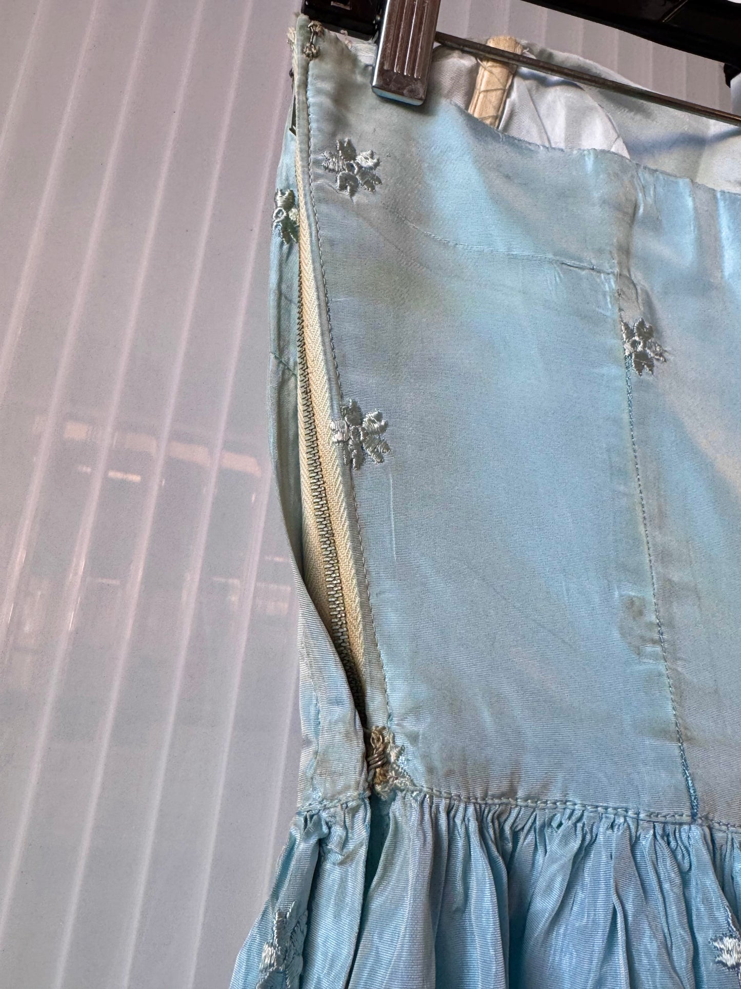 1950s Robins Egg Blue Floral Embroidered Gathered Formal Dress