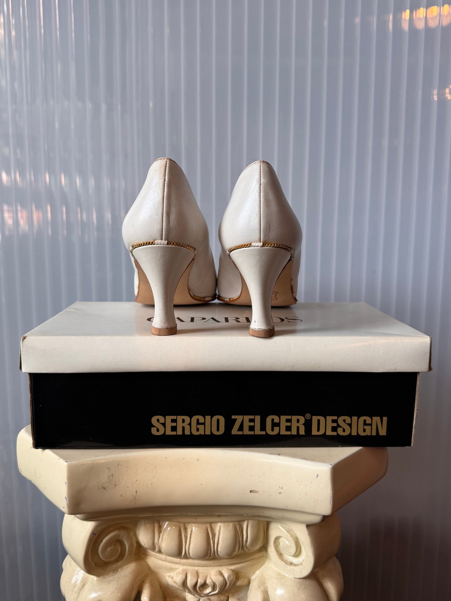1980s White Leather Heels with Gold Shoe Clips