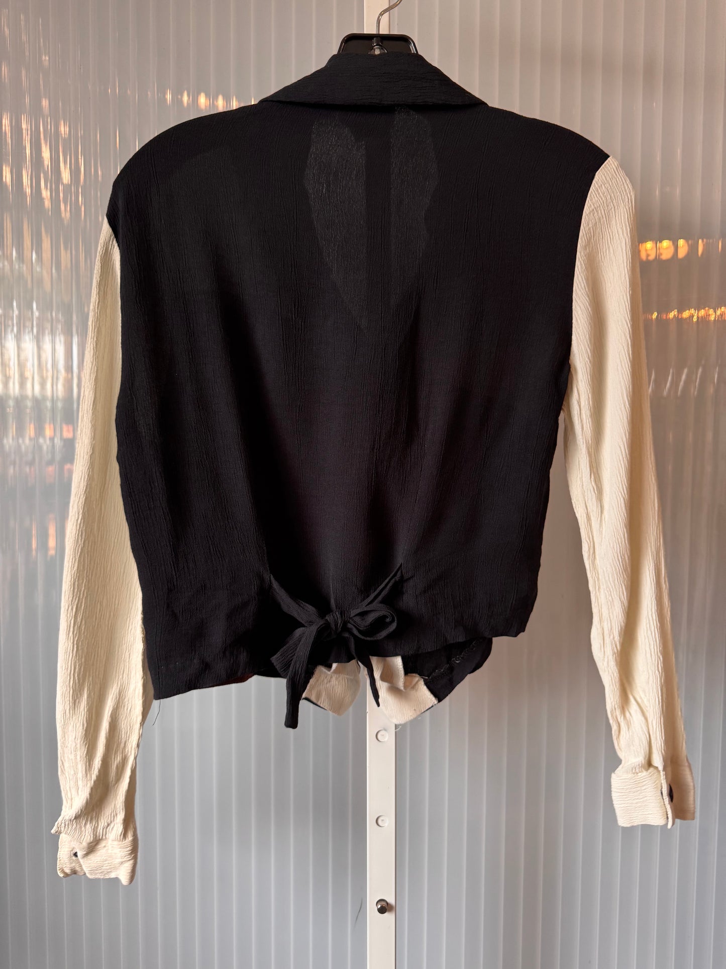 1980s Black White & Brown Button Up Blouse