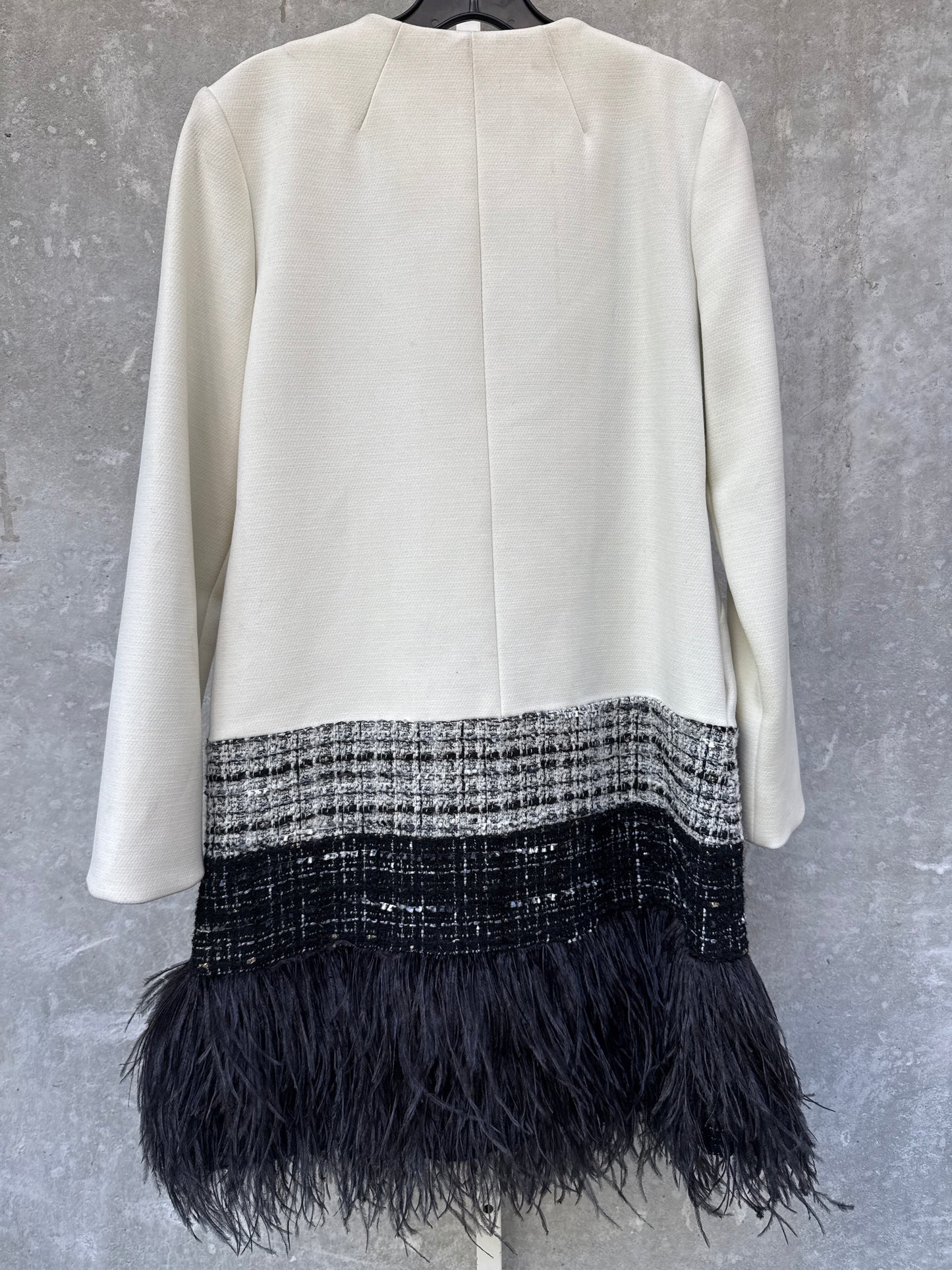 2000s Zip-Up White Coat with Tweed Stripe and Ostrich Feather Trim