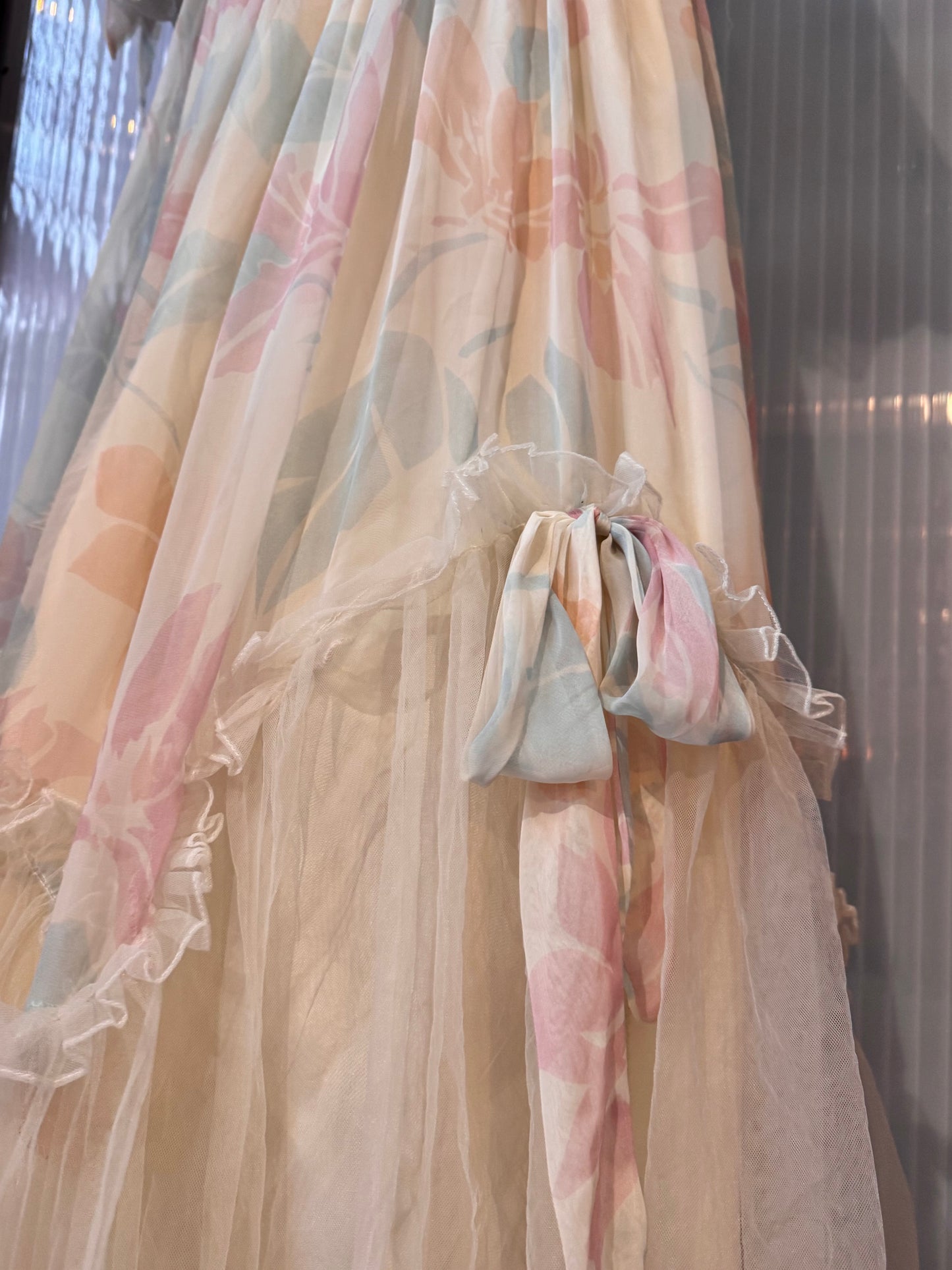 1980s Off-white & Pink Floral Off-Shoulder Gown