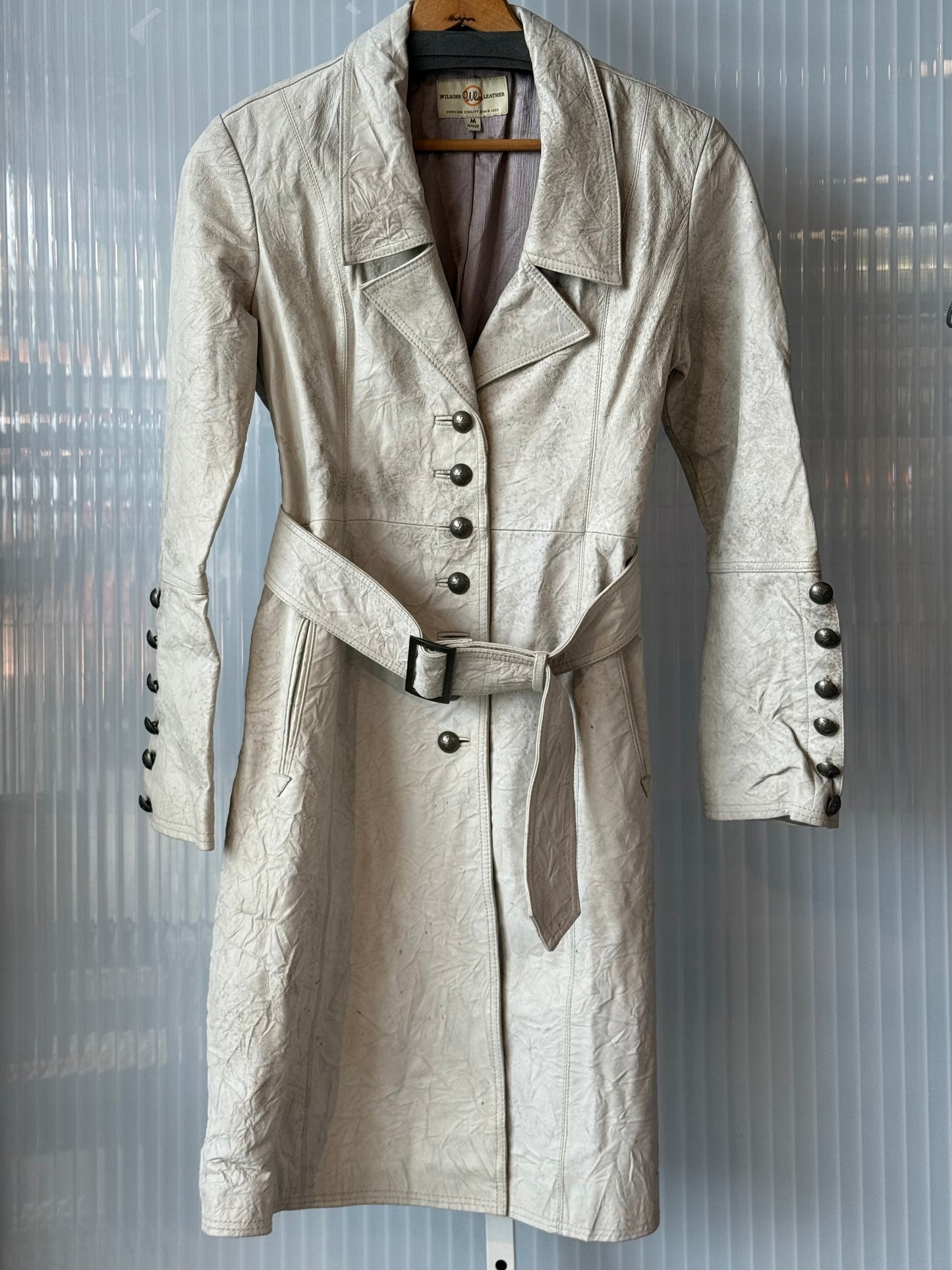 1970s Pale Grey Leather Trench Coat Dress w/ Metal Fleur de Le Buttons