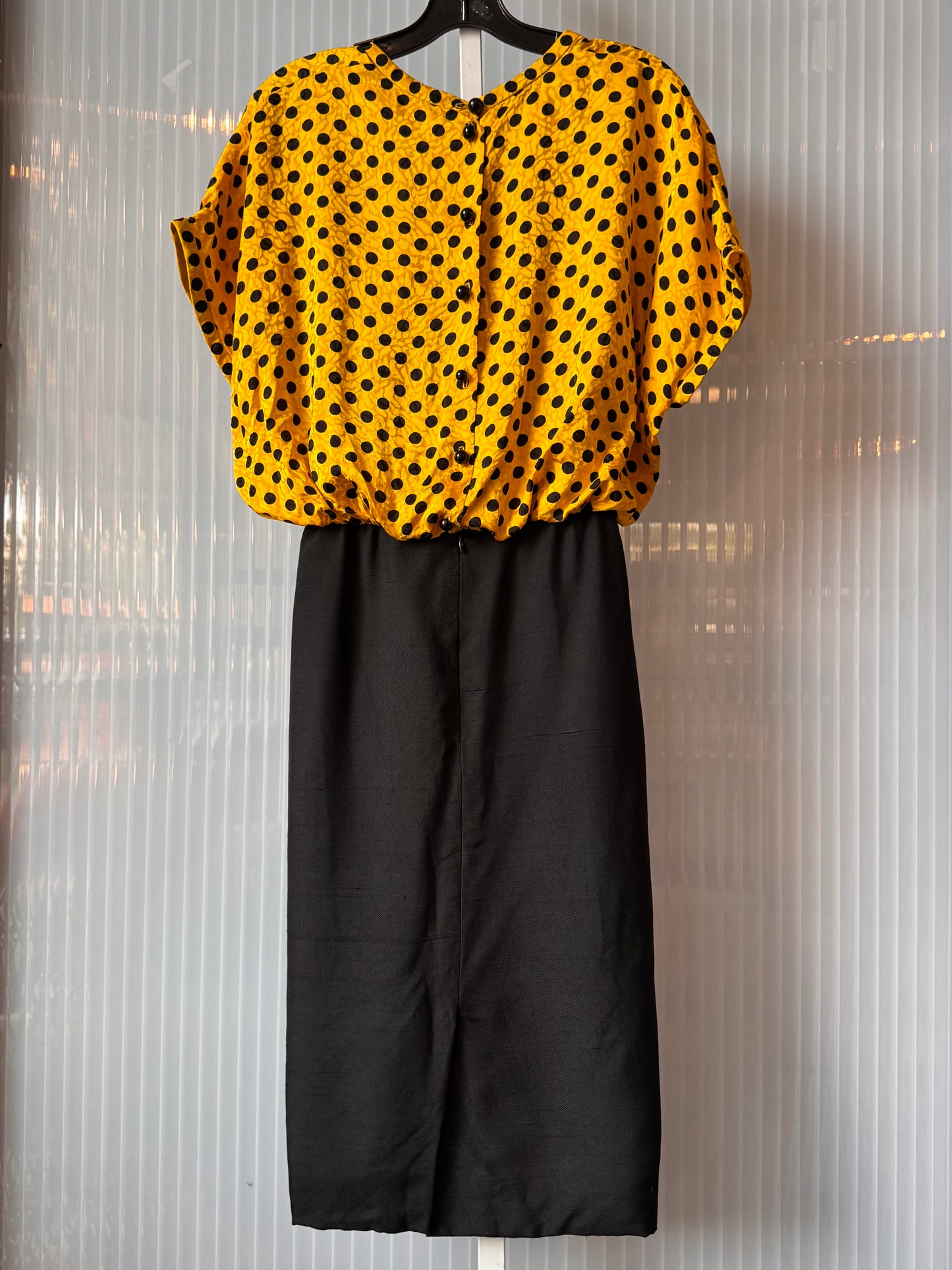 1980s Yellow & Black Polka Dot Blouson Dress
