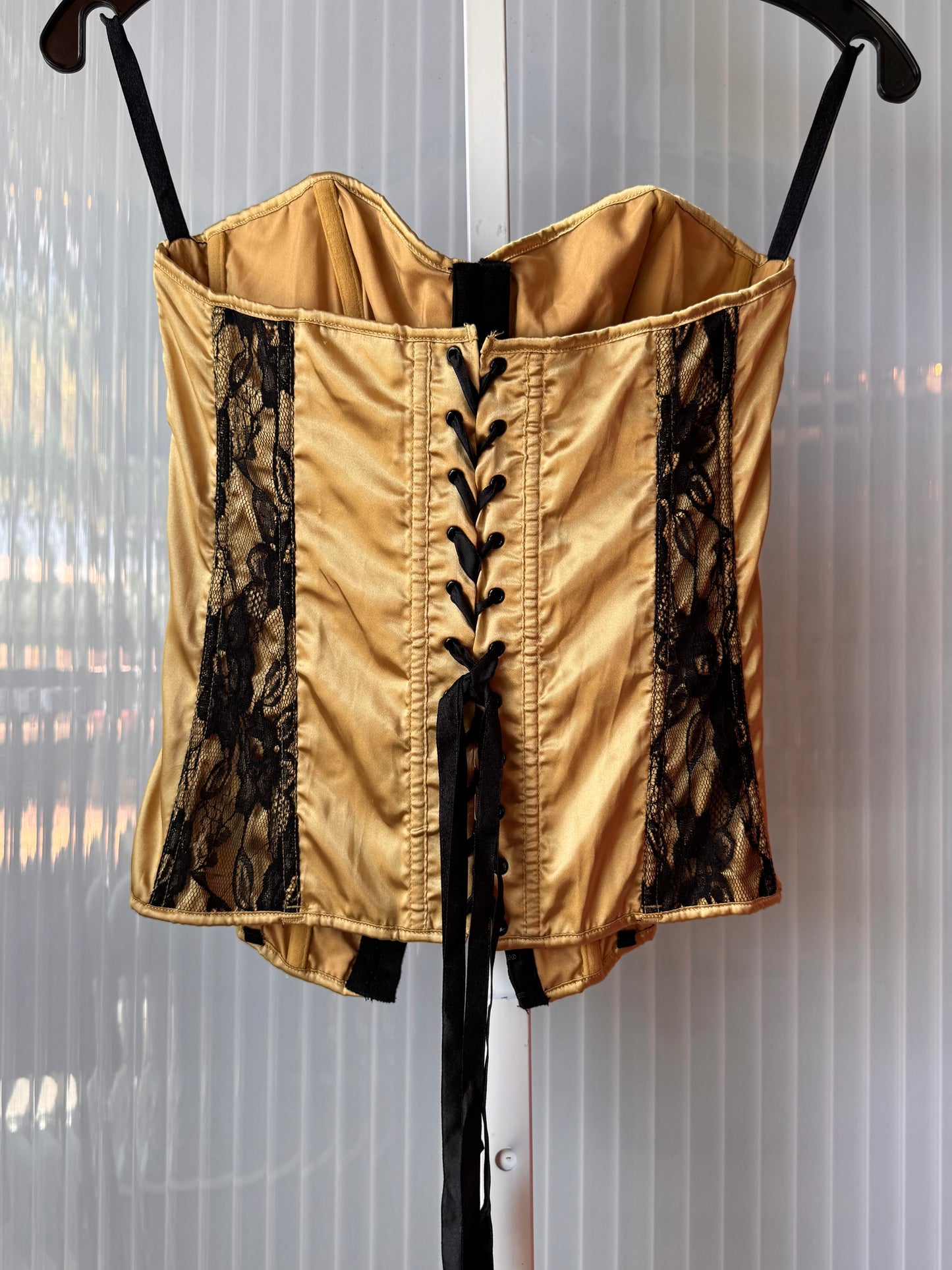 Y2K Fredericks of Hollywood Gold Satin & Black Lace Corset