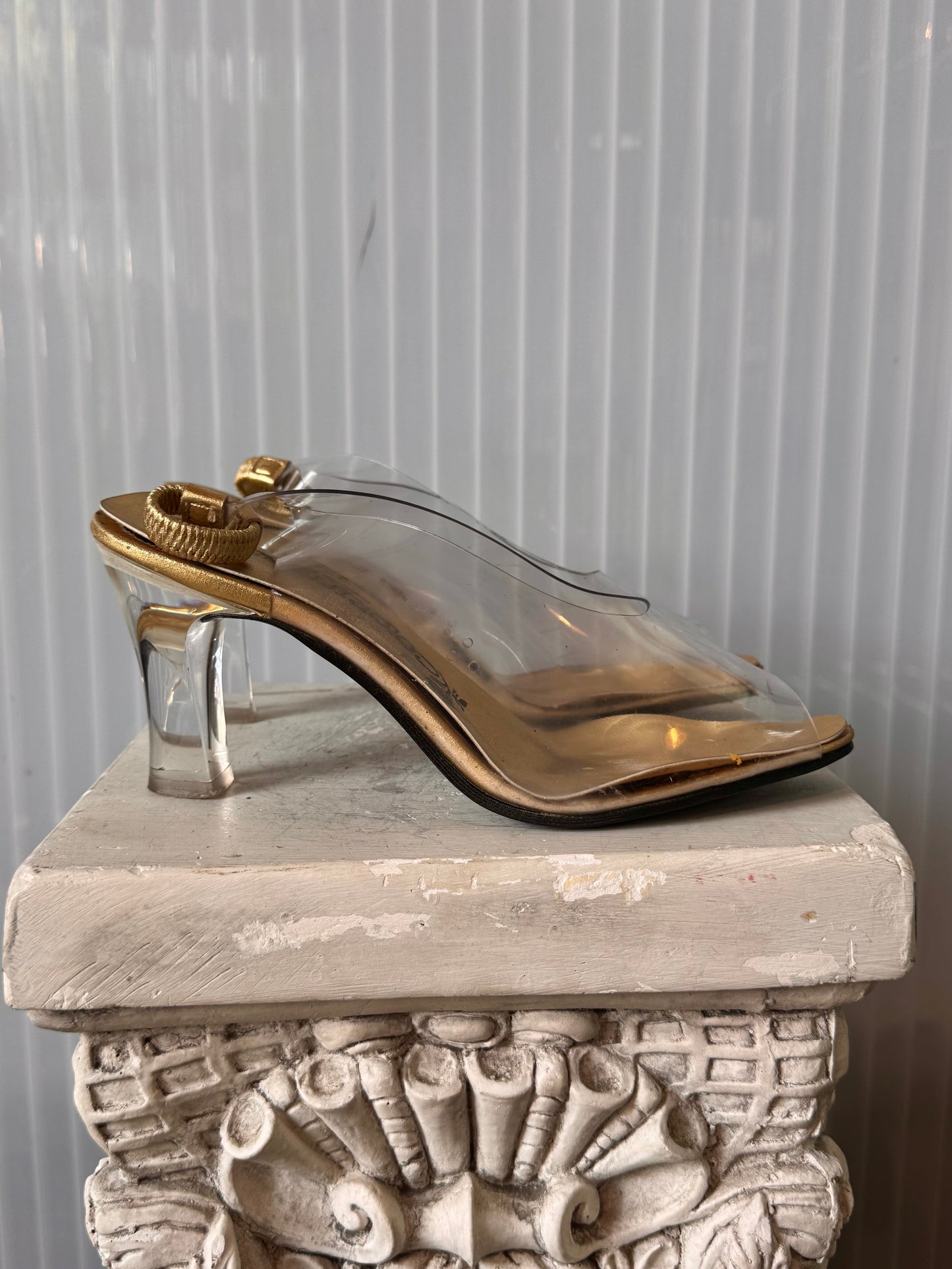 1970s Gold & Clear PVC Peep-toe Slingback Heels