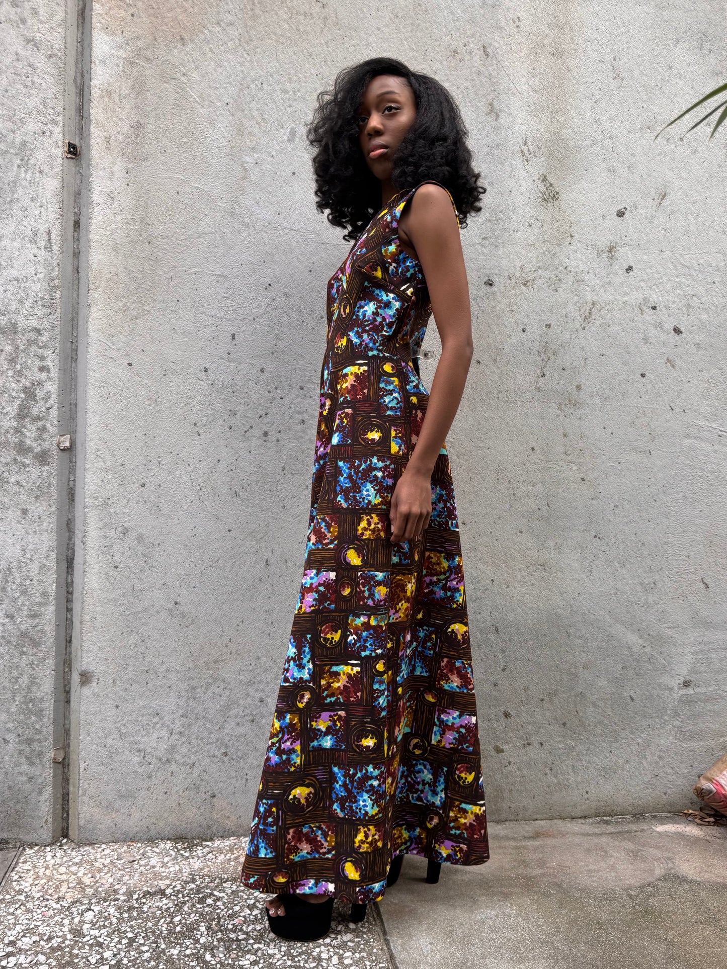 1970s Black Brown & Blue Polyknit Dress