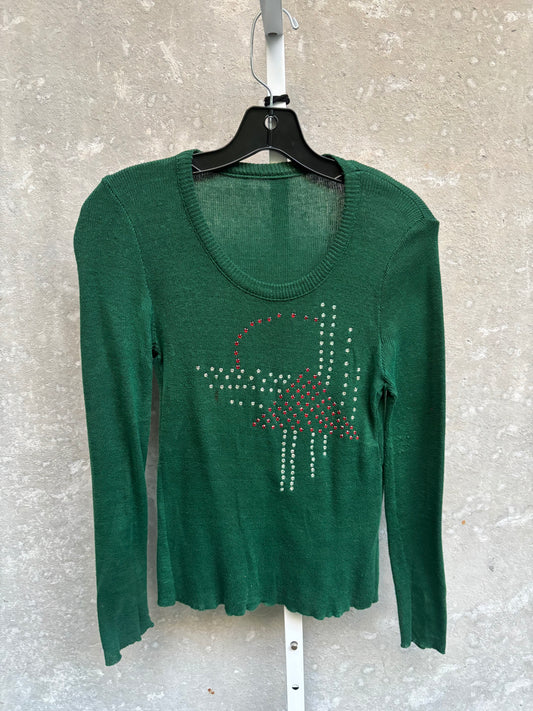 1970s Green Rib Knit Rhinestone Sweater