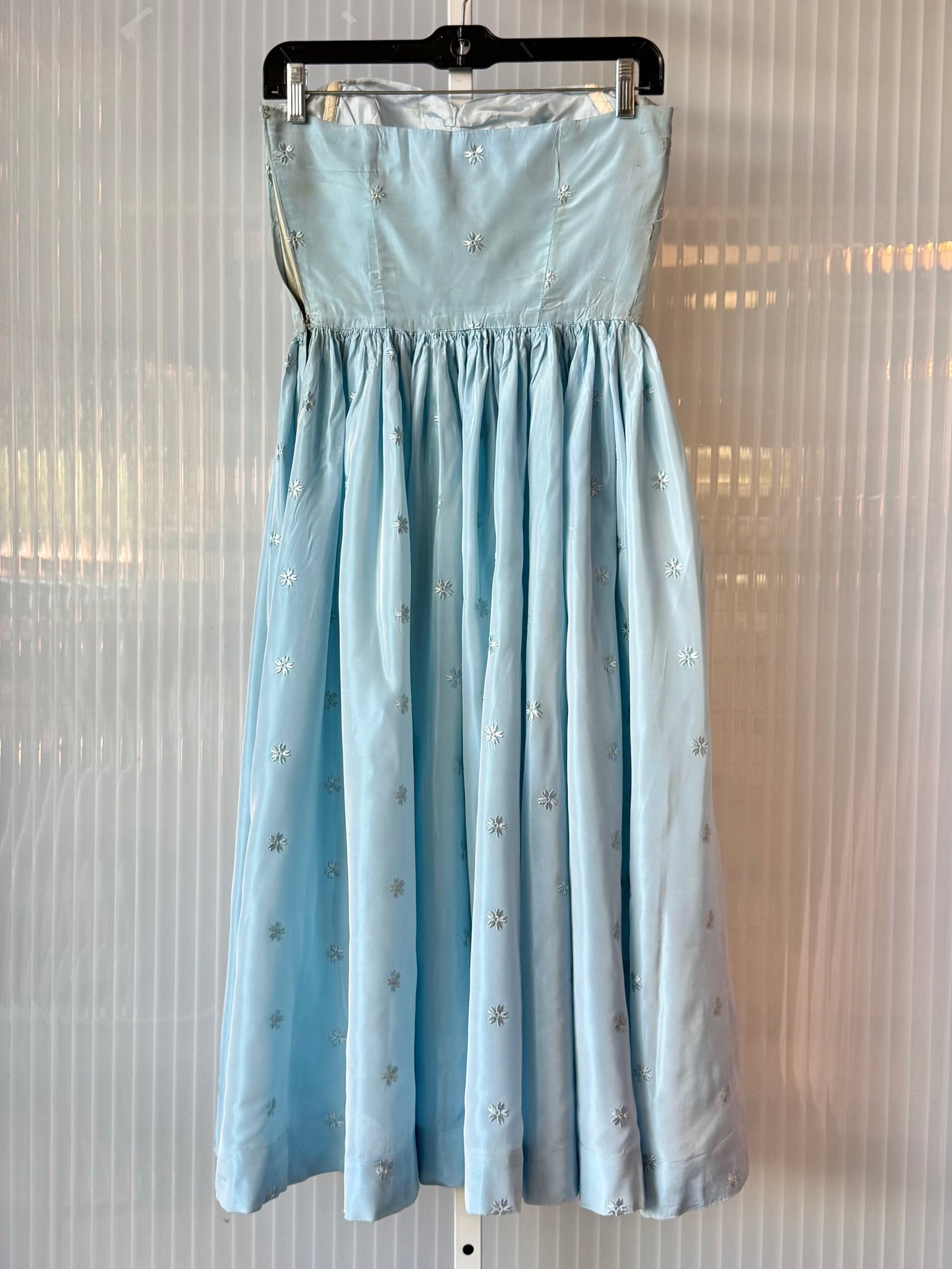 1950s Robins Egg Blue Floral Embroidered Gathered Formal Dress