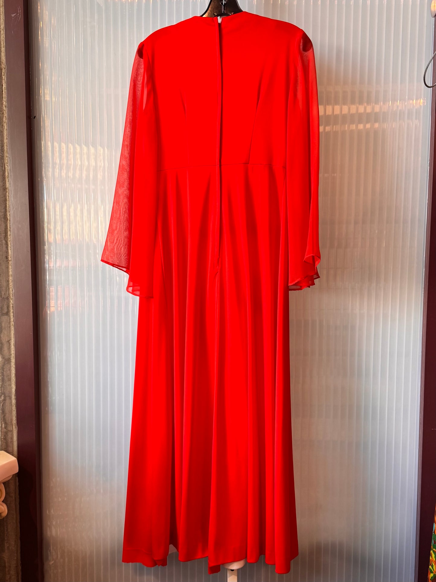 1970s Red-Orange Empire-Waist Flowy Dress
