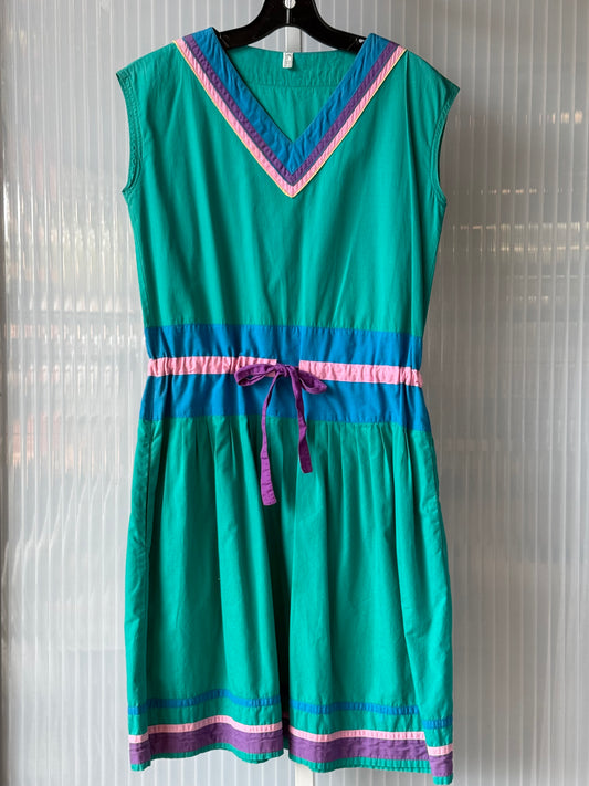 1980s Pastel Cotton Cinch Waist Sleeveless Dress