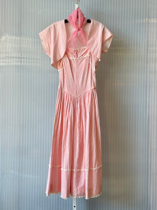 1950s Pink & White Striped Dress & Shrug Set w/ Pink Scarf