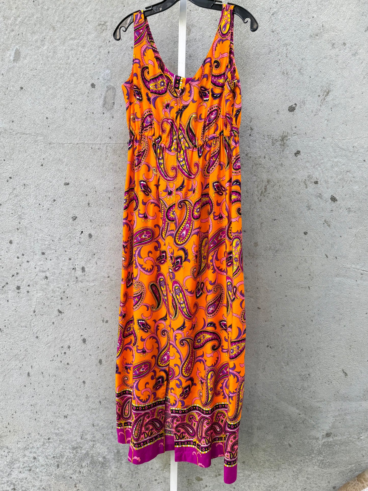 1970s Paisley Patterned Orange Drawstring Dress