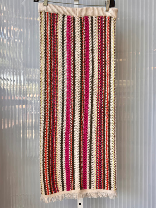 Cream & Fuschia Knit Skirt with Fringe Hem