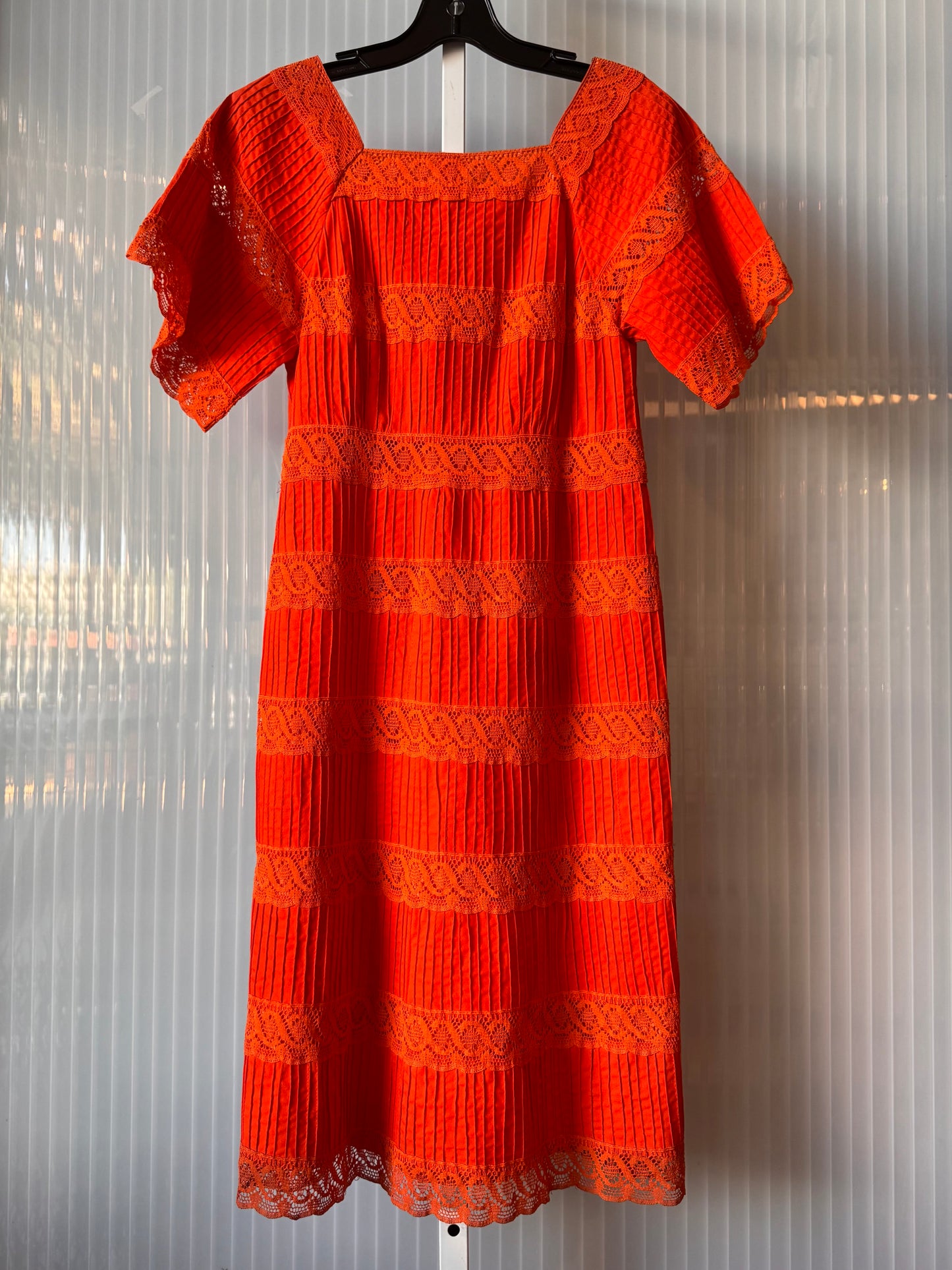 1970s Orange Pintuck & Lace Dress