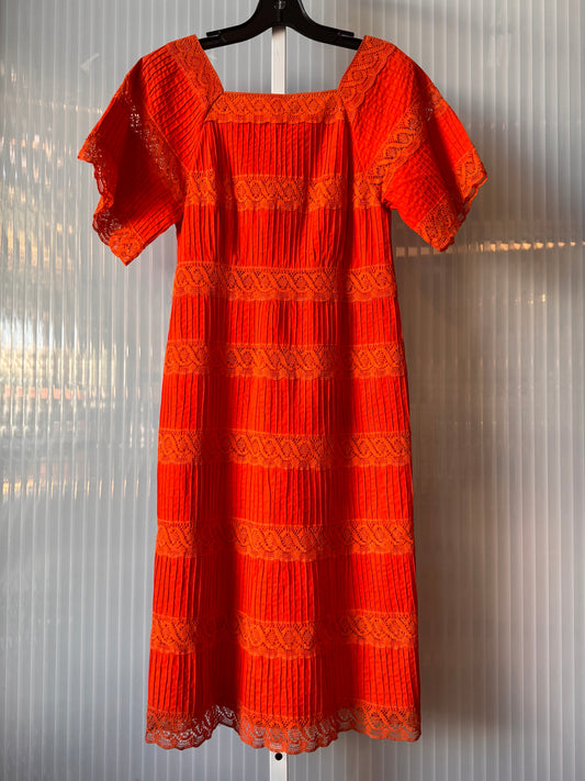 1970s Orange Pintuck & Lace Dress