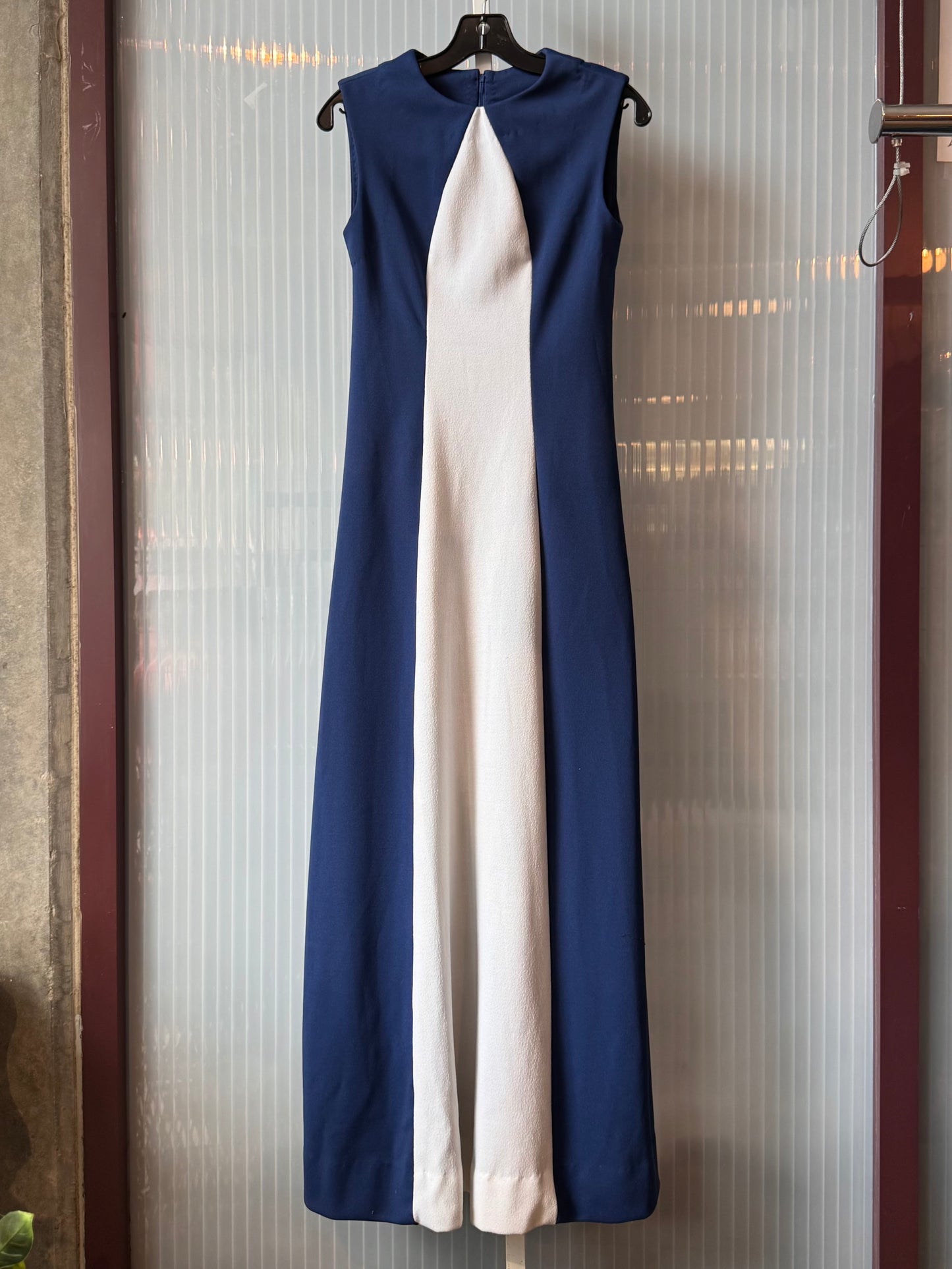 1970s Navy Blue & White Maxi Dress