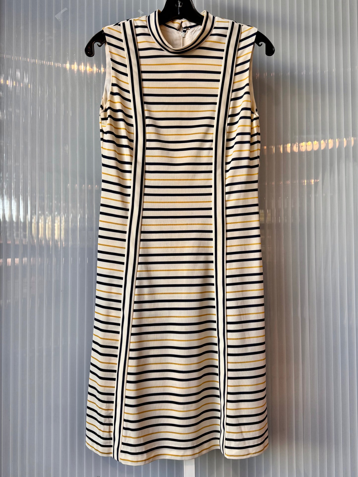 1970s White Yellow & Blue Striped Sleeveless Dress