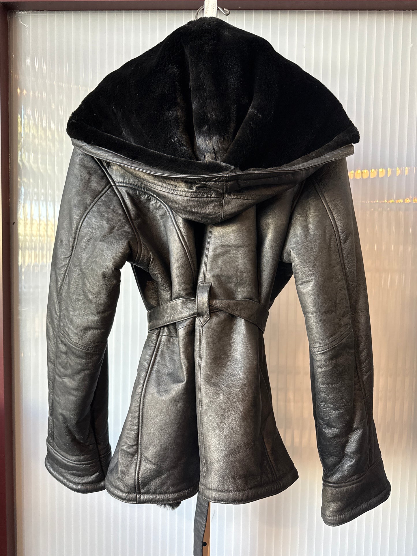 1990s Black Wilson’s Leather Zip-Up Jacket with Hood and Faux Fur Lining