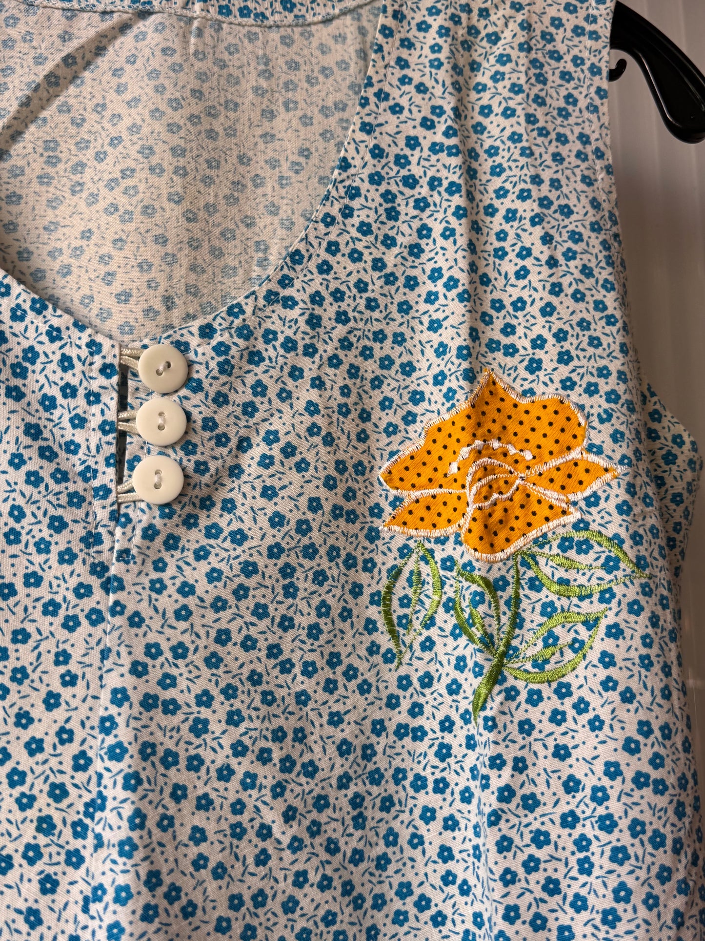 1960s Blue & White Polka Dot Tent Dress w/ Floral Appliques