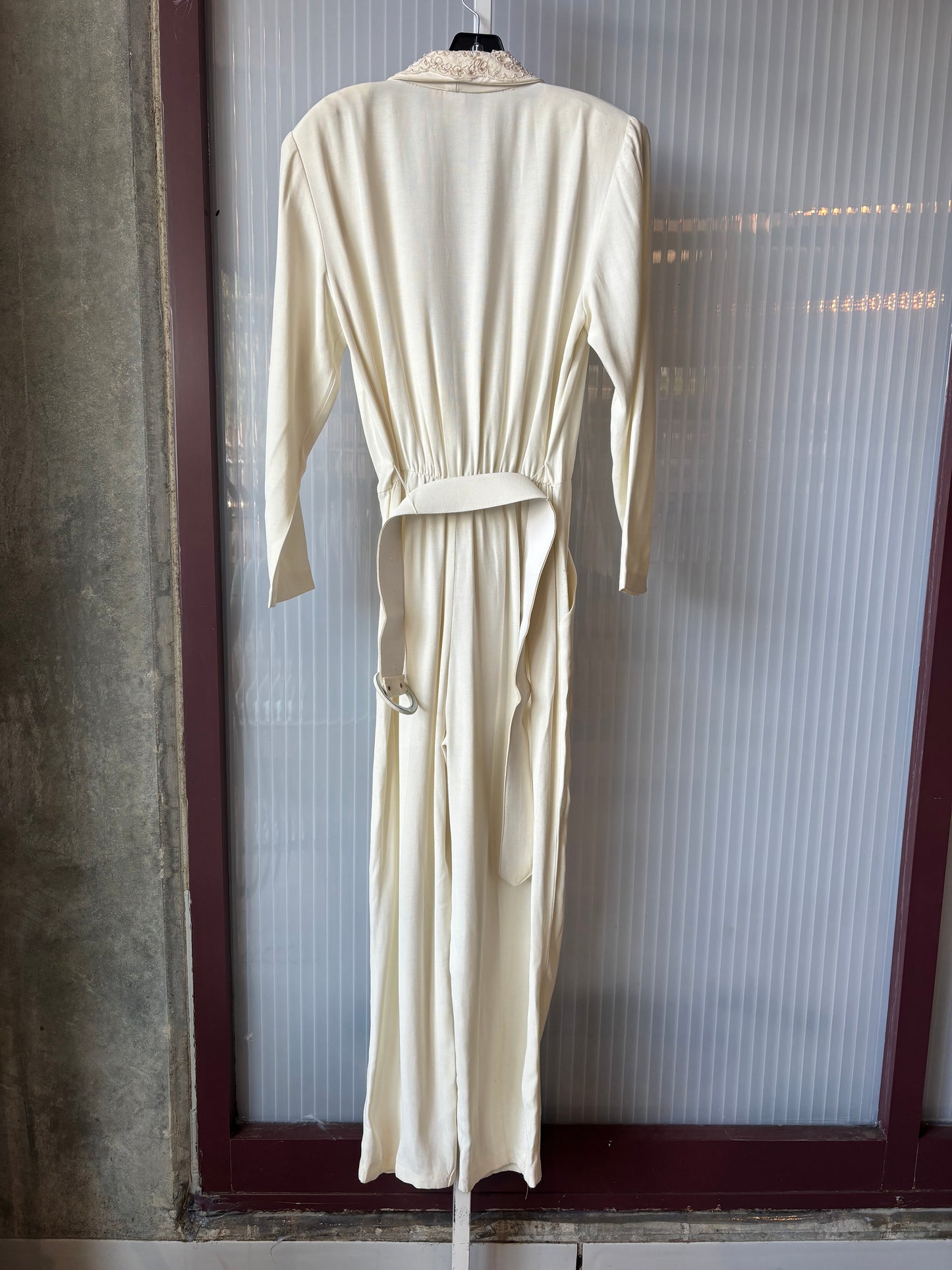 1980s Ivory Jumpsuit w/ Beaded Oversized Lapel