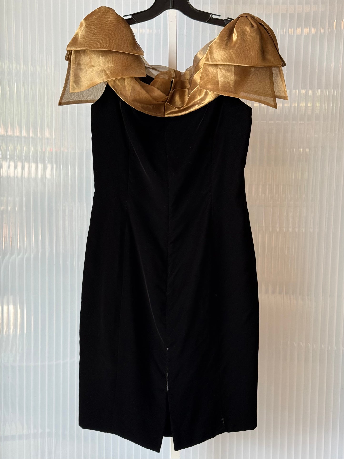 1980s Black Velvet & Gold Pleats Off-Shoulder Dress
