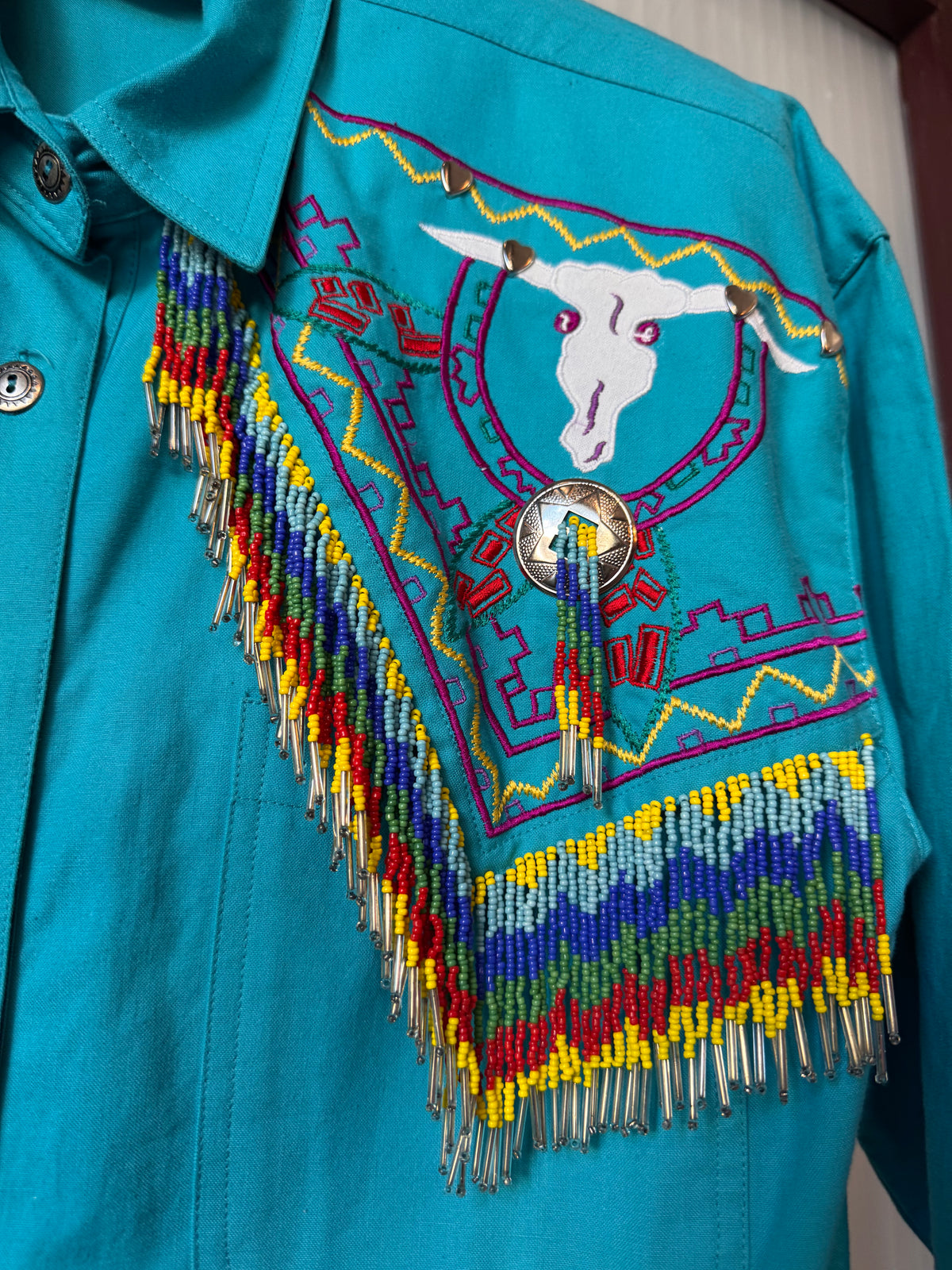 1990s Beaded Fringe Blue Western Button-Up Shirt