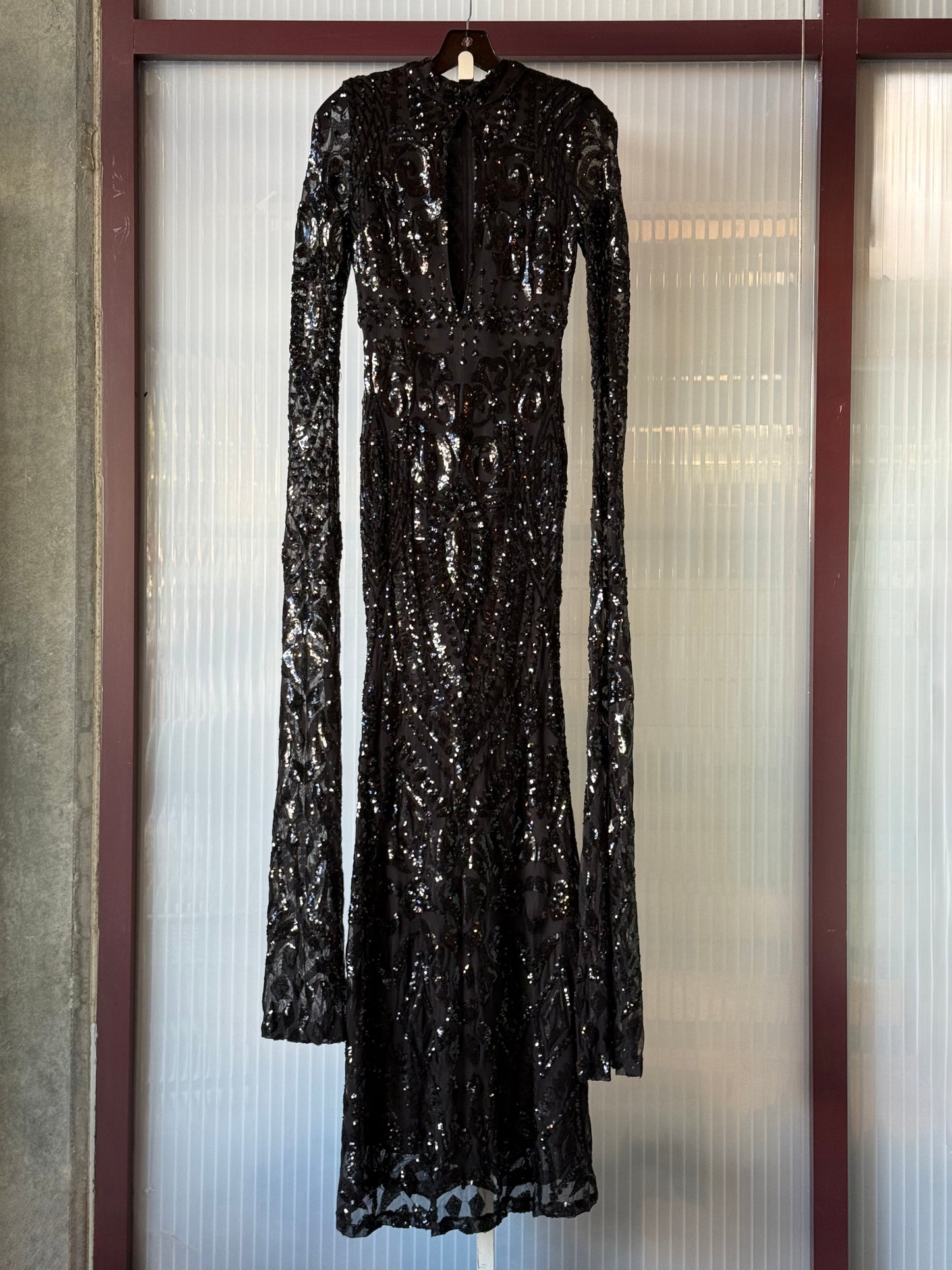 1990s Black Sequin Bodycon Gown with Dramatic Drape Sleeves