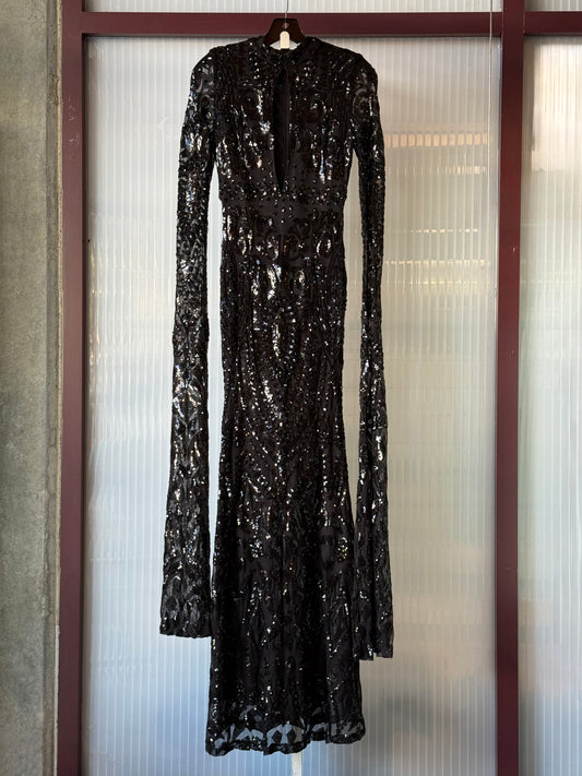 1990s Black Sequin Bodycon Gown with Dramatic Drape Sleeves