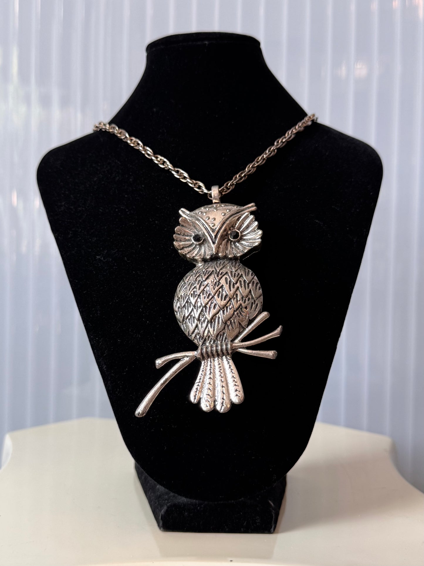 1970s Silver Owl Pendant with Black Rhinestone Eyes